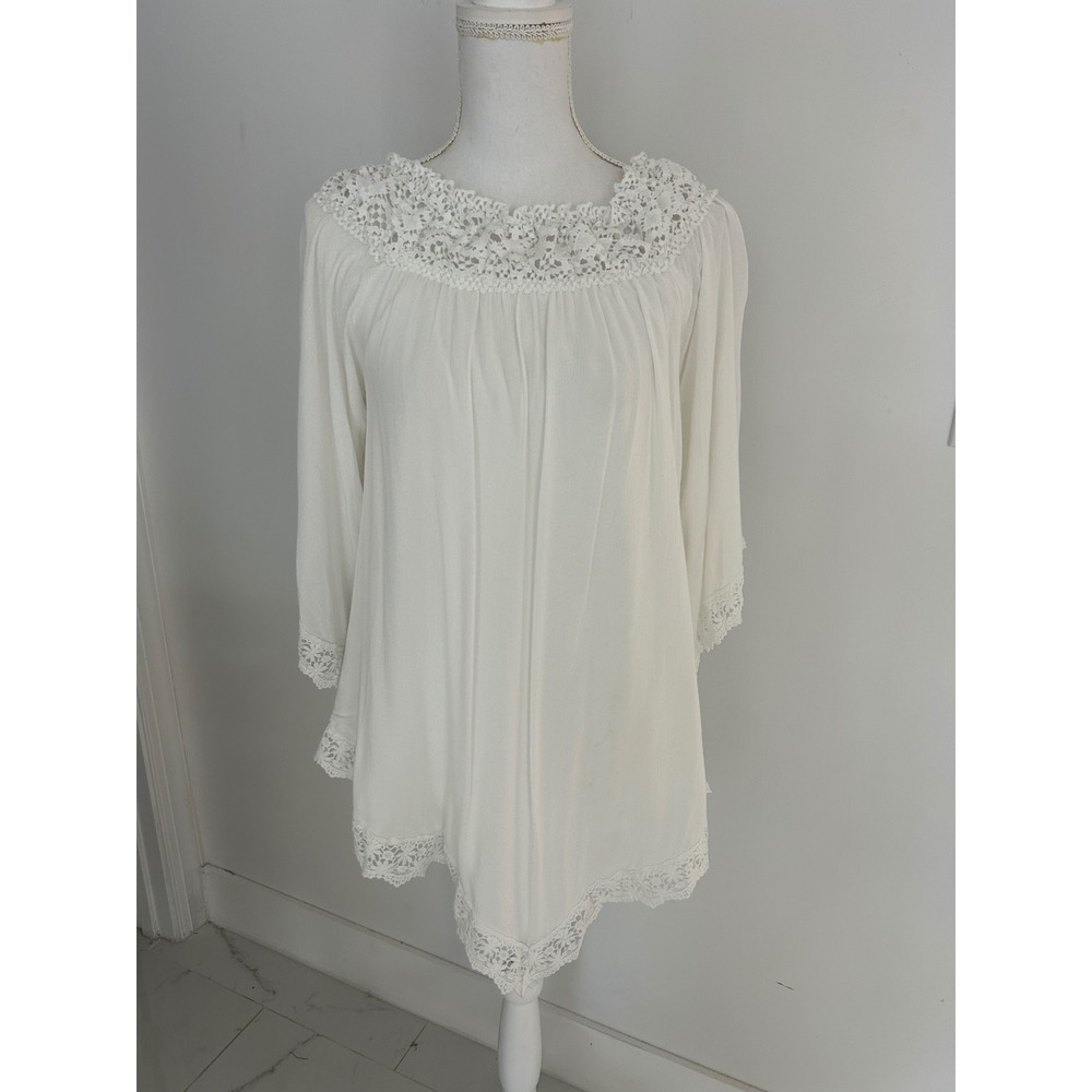 Zanzea White Crochet Lace Handkerchief Hem Tunic Top Bell Sleeve Rayon Small